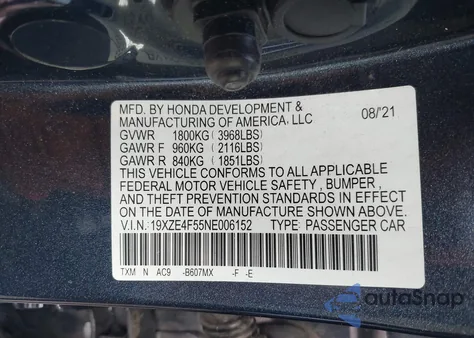 2022 Honda Insight Ex z USA, uszkodzony, nr VIN 19XZE4F55NE006152
